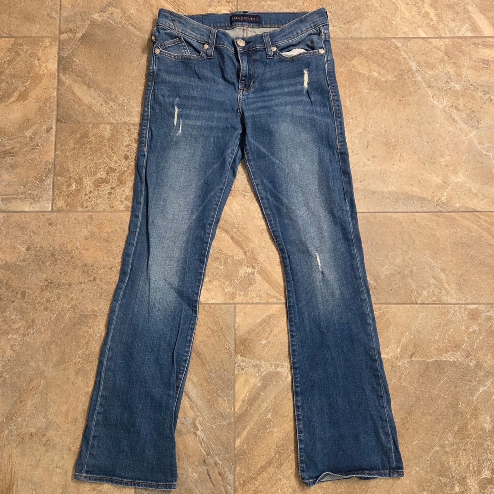 Rock & Republic Womens Distressed Bootcut Jeans Medium Wash Blue Denim Size 29